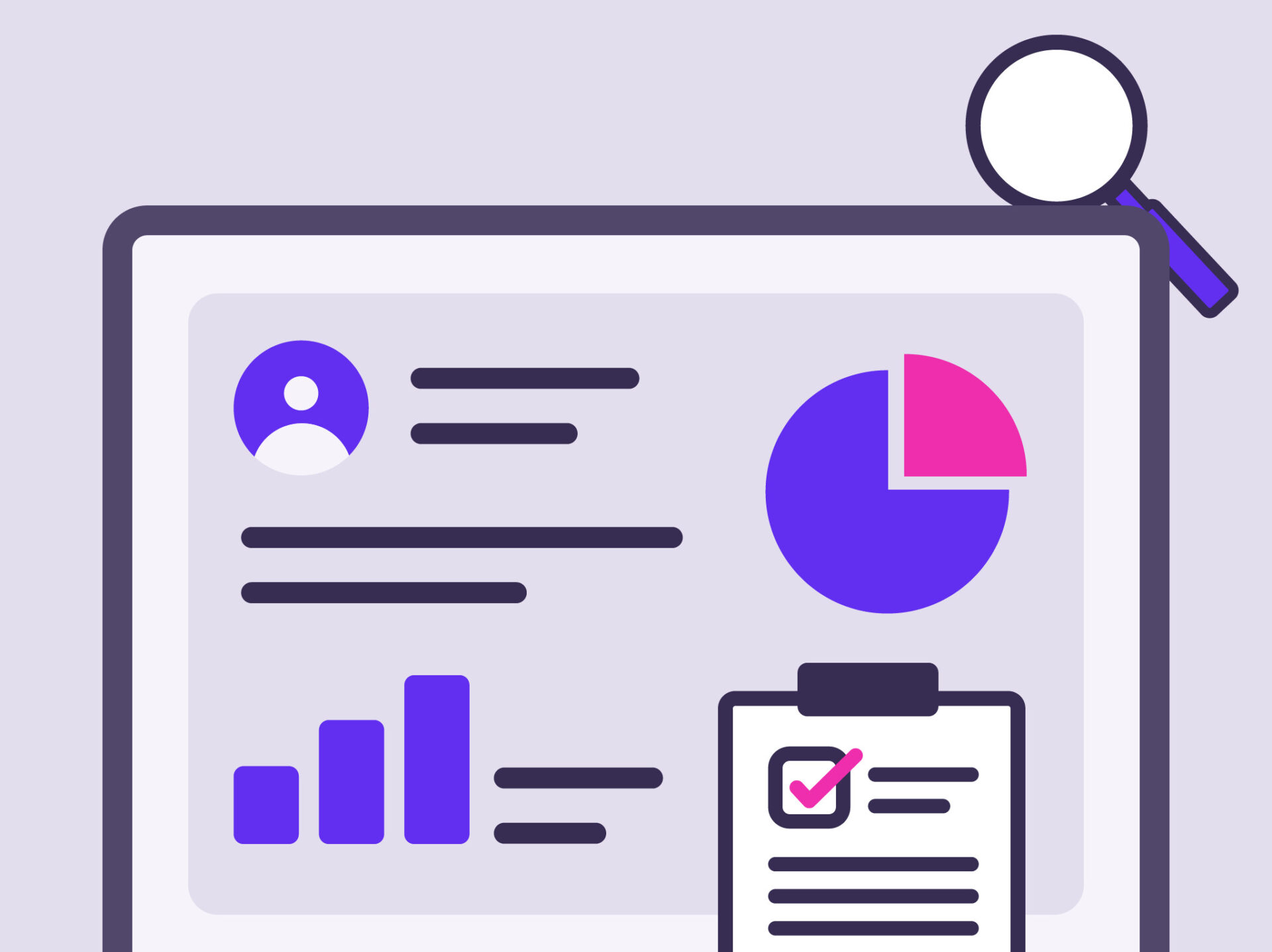 Ilustrasi analisis awal pembuatan website, menampilkan dashboard dengan bagan batang, diagram lingkaran, profil pengguna, dan papan klip checklist.