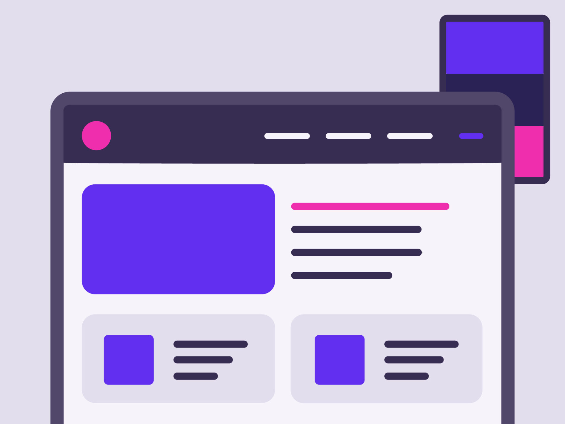 Ilustrasi desain visual website dengan tata letak modern dan palet warna ungu-pink.