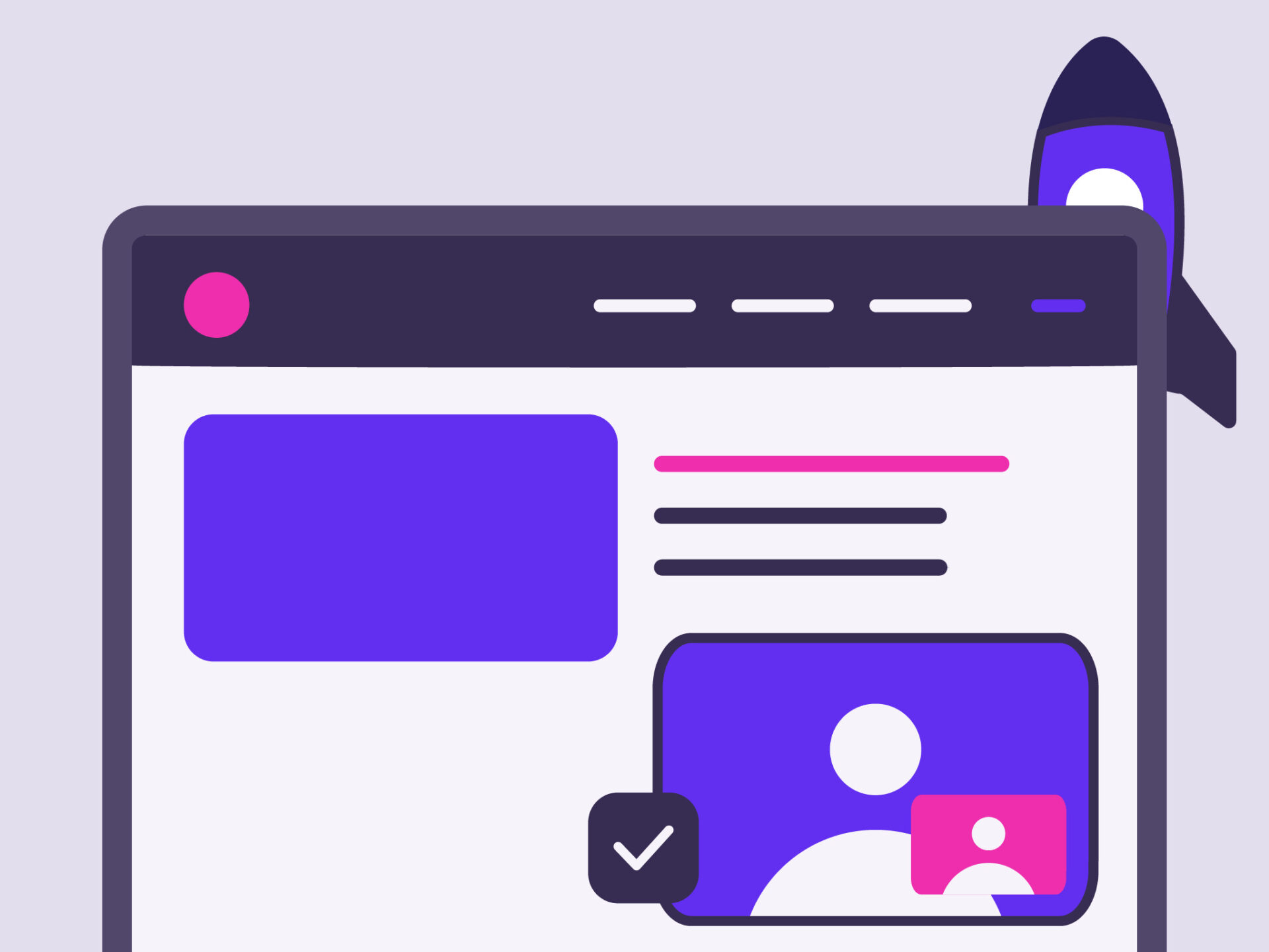 Ilustrasi peluncuran website dan pelatihan pengelolaan, menampilkan layar browser dengan roket, tanda centang, dan ikon profil pengguna.