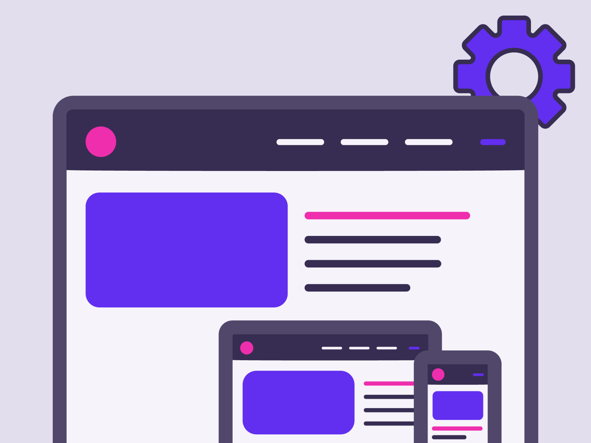 Ilustrasi pengujian responsivitas website, menampilkan tampilan yang sama di layar desktop, tablet, dan smartphone dengan ikon roda gigi.